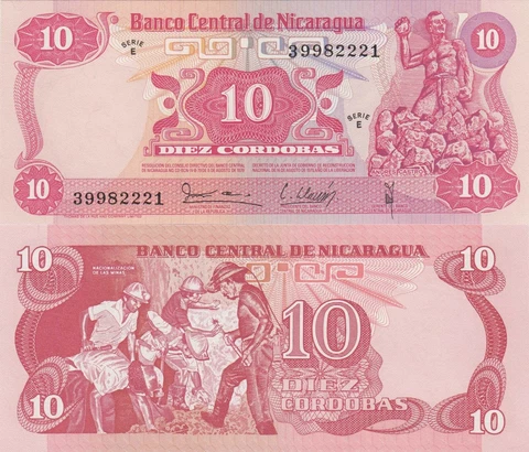 Nicaragua 10 Cordobas (1979) - Statue/Miners/p134 UNC Cover