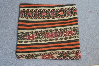 Vintage Rustic Turkish Anatolian Kilim Pillow Cushion Hand Woven Wool 18" x 18" - Image 1 of 3
