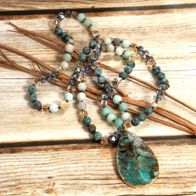 Collar Colgante Gota de Agua Piedra Azul Boho Hecho a Mano Cadena Larga Mujer Regalo Foto 1 de 3