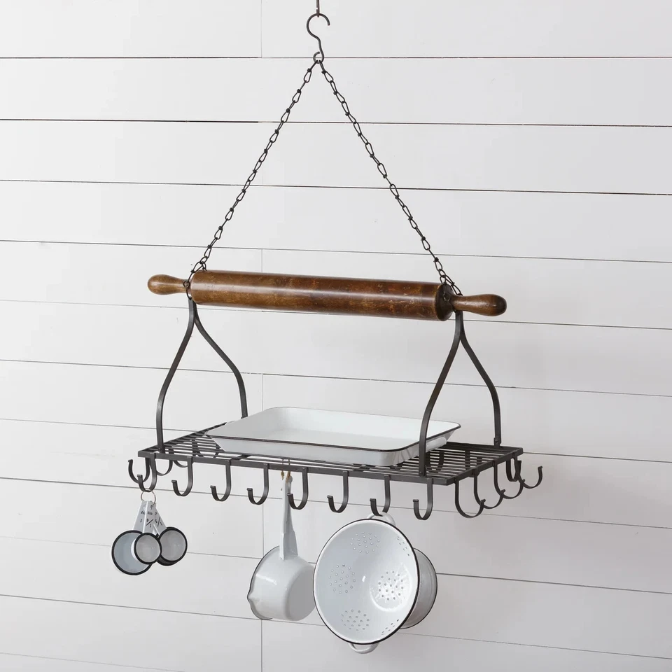 New Primitive Farmhouse Rustic ROLLING PIN POT RACK Ceiling Hanger Shelf - Image 1 of 2