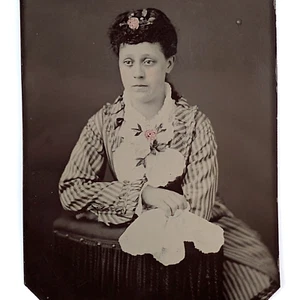 Tintype Photo Woman Striped Dress Victorian Fashion Color Tinted - Picture 1 of 4