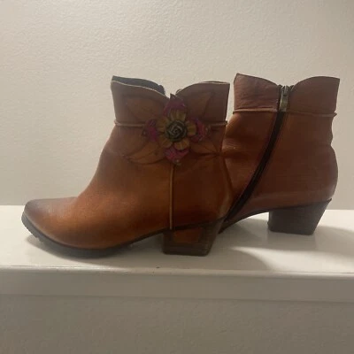 Spring Step Louella Brown Leather Ankle Boots Euro 39 With Flower In Leather - Image 1 of 4