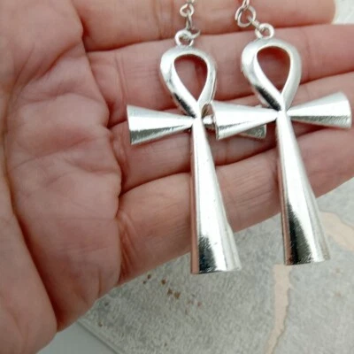 ANKH Earrings Big Key of Life Large Vintage silver tone Lighter Hollow-back UK - Image 1 of 4