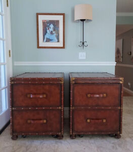 1990s Maitland - Smith Leather Steamer Trunk Nightstands - a Pair