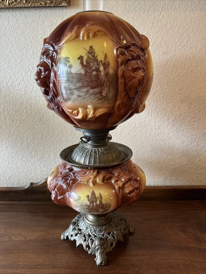 Vintage Antique Fostoria Oil Lamp Consolidated Lions Head Arabian Safari GWTW - Image 1 of 4