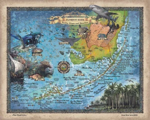 Scuba Diver Florida Keys Historic Map Artwork Wall Art Print Vintage - Foto 1 di 3