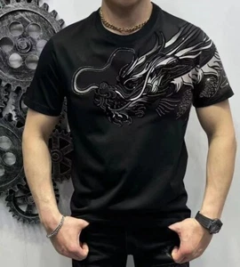 Men Luxury Diamond Dragon Rhinestones Fashion Black T-Shirt High Quality - Picture 1 of 8
