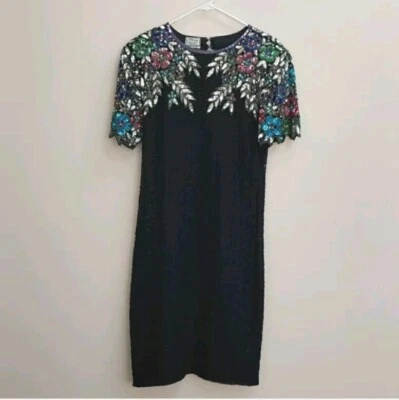 Vestido de cóctel vintage años 80 Stenay negro con cuentas lentejuelas floral seda talla mediana Foto 1 de 4