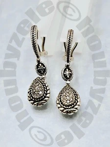 India Designer Sterling and 14K Vintage Hoop Earrings with Diamond Drops - Picture 1 of 9