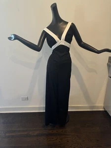 Vtg 70s Sz L Jumpsuit Disco Dress Black White Polyester Bell bottoms NOS Halter - Picture 1 of 10