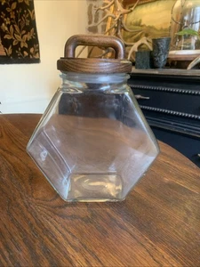 "Tarro de vidrio hexagonal de colección de 10,5"" T tapa de madera tienda general boticario cocina" - Imagen 1 de 24