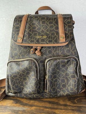 Calvin Klein Womens Dark Brown Tan Monogram CK Logo Backpack - Image 1 of 4
