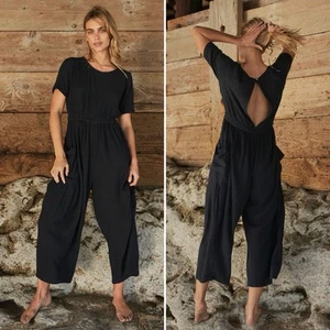 Free People XS Black Happy To Be Here One Piece Cotton Pockets Wide Leg Jumpsuit - Picture 1 of 8