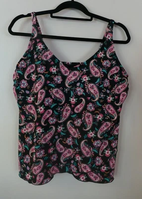 Lands' End L 14-16 Black Paisley Tankini Swimsuit Top Soft Cup V-neck - Image 1 of 4