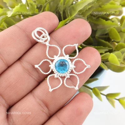 Argento Sterling Naturale Svizzero Blu Topazio Nero Friday Compleanno Pendente - Immagine 1 di 4