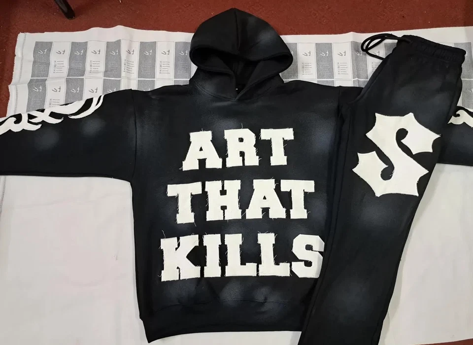 Unisex Streetwear Distressed Hoodie & Pants Set – Casual Fitness Sweat Suit - Image 1 of 4