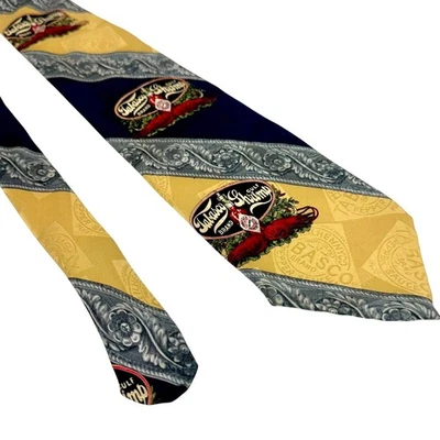 Tabasco Brand Hot Sauce Silk Tie Novelty USA Made Gold Navy Gulf Shrimp Vintage - Image 1 of 4