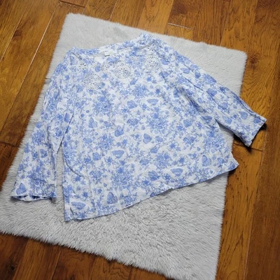 Blusa de lino de lujo Charter Club para mujer XXL azul y blanco floral ojales mariposa Foto 1 de 4