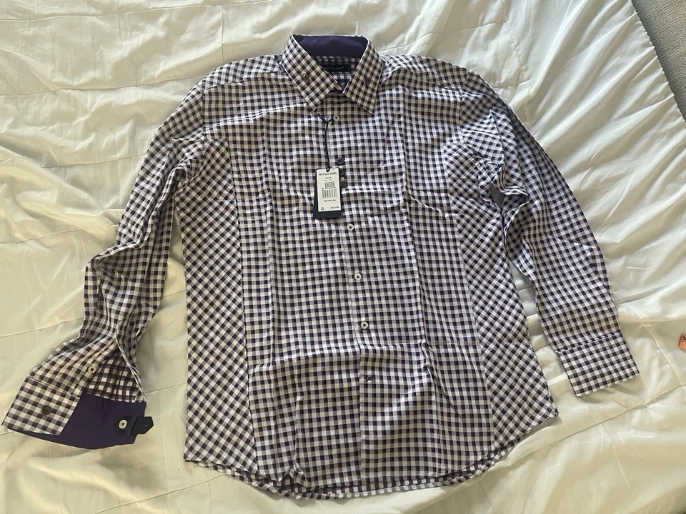Bogosse Men’s Dress Shirt L Purple Navy Check Cotton Contrast Cuff NWT $215 - Image 1 of 4