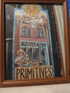 SIGNED HAND DRAWN WATERCOLOR IN GLASS AND FAUX WOOD FRAME TITLED "PRIMITIVES" - Picture 1 of 24