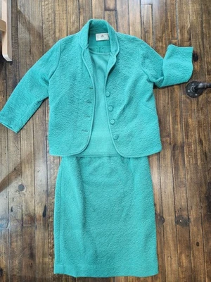 Винтажный 1950-х 3 ПК акриловый вязаный кардиган на пуговицах юбка рубашка наряд большой - Изображение 1 из 4