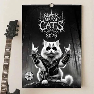 Schwarze Metall Katzen 2026 - Wandkalender , Gothic Style Kätzchen Monatsplaner - Picture 1 of 7