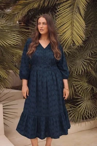 EVANS Curve Women's Plus Size Navy Blue Embroidered Tiered Midi Dress - Picture 1 of 9