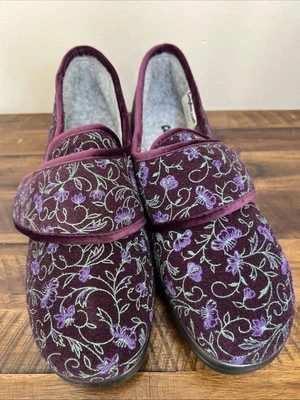 Chinelos Cosyfeet feitos florais Inglaterra feminino EUA 11 sapatos de edema diabético roxo - Imagem 1 de 4