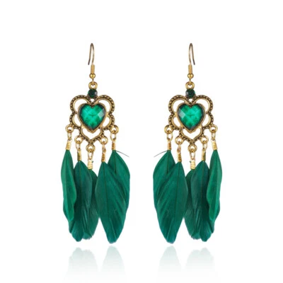Pendientes Boho Corazón Cristal Colorido Pluma Borla Larga Joyería Étnica De Colección Foto 1 de 4