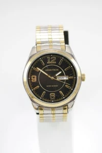 Armitron Men Watch Stainless Steel Gold Silver Stretch 50m Day Date Black Quartz - Picture 1 of 6