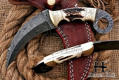 HUNTEX Handmade Damascus Blade,Deer Antler Full-Tang 230mm Exotic Karambit Knife - Image 1 of 4