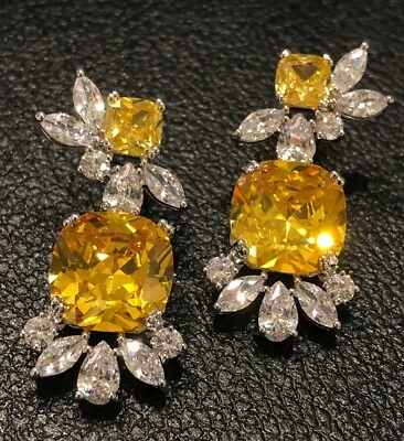 18K White Gold Filled 6CTW Yellow Citrine Gemstone Drop Earrings Christmas Gift - Image 1 of 4