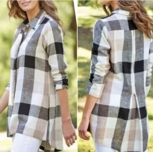 Soft Surroundings Brown, Black, and White Plaid Zip Back Button Down Sz M ❤️ - Picture 1 of 9