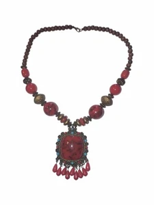 Tibetan Style Statement Necklace With Large Red w/Black Lines Stone Set In Brass - Picture 1 of 9