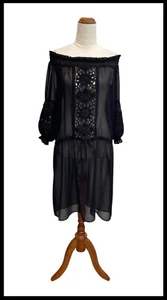 COLLETTE DINNIGAN Black Silk Sheer Broderie Embroidered Off Shoulder Dress Sz S - Picture 1 of 5