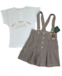 Vintage Miniman Girls 2 Piece Set 4Y Ivory Brown Gingham Cottagecore France New - Picture 1 of 12