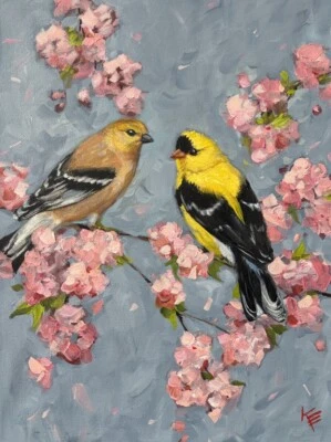 Pintura acrílica original Goldfinch & Blossoms 12 X 16 en arte de pájaro Krista Eaton Foto 1 de 4