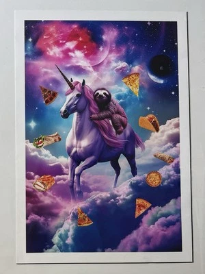Póster artístico en lienzo Galaxy Sloth Riding Unicorn Pizza Taco Burrito 13,25x19,25 Foto 1 de 4