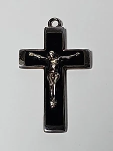 Vintage 925k Sterling Black Onyx Cross Jesus Crucifix 1.5" Pendant 7.35 grams  - Picture 1 of 4