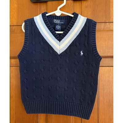 Polo Ralph Lauren Niños Tejido con Cable Suéter Chaleco Talla 4 Azul Marino Cuello en V Preparación para Tenis Foto 1 de 4