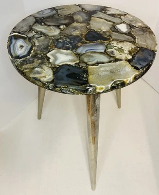 VTG Natural Blue Agate & Quartz Console/ End Table Tripod Chrome 18.2lbs 16x21 - Image 1 of 4
