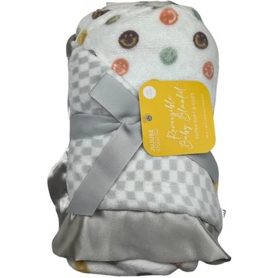 JuJuBe Smile Happy Vibe Plush Baby Blanket Silver Satin Trim Smiley Face NWT - Image 1 of 3