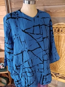 HABITAT Tunic Sz. L Popover Abstract Pattern Roll Tab Slv. Lagenlook Oversized - Picture 1 of 18