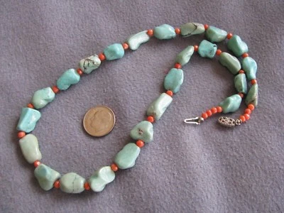 17.2" Vintage Antique Natural Turquoise Coral Bead Necklace Chinese      - Image 1 of 4