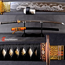 Yellow Rattan Clay Tempered Damuscus Folded Steel Katana Japanese Samurai Sword