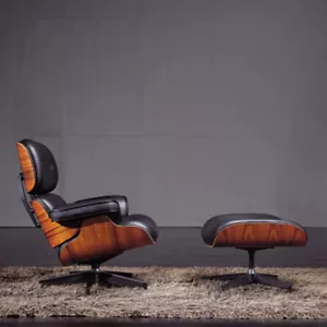 Mid Century Tall Chaise Lounge Chair With Ottoman Genuine Leather Rosewood - Picture 1 of 19