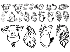 Pig Rooster Bull Horse 24 pcs 0.5 to 2.5 Inch Black Fused Glass Decals - Picture 1 of 1