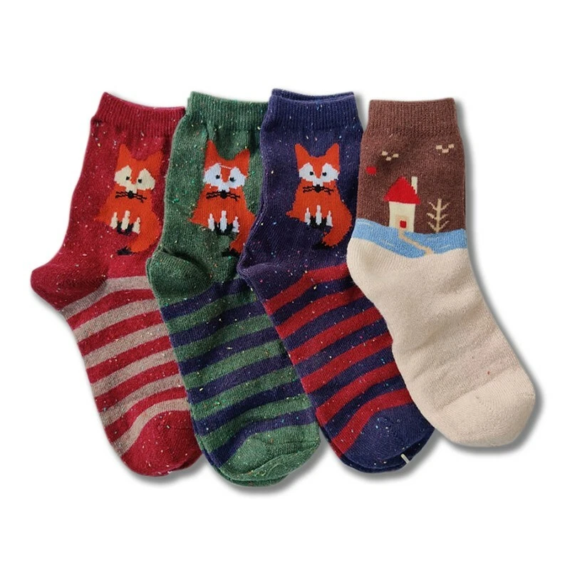 4 Pairs Women Wool Socks – Cute Animal Design, well knitted Thick warm crew sock - Image 1 of 3