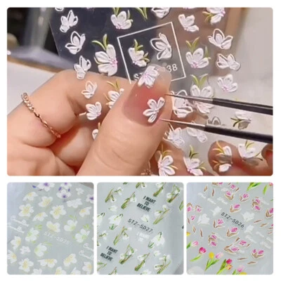 5D Embossed Tulip Camellia Flowers Leaf Nail Sticker Water Sliders Manicure DIY✿ - Image 1 of 4