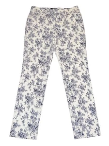 Mario Serrani Chino Pants Women 4~White Blue Floral Stretch Rayon Mid Rise - Picture 1 of 5